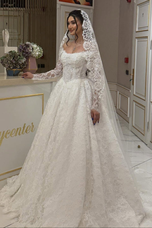 Off-the-Shoulder Lace Long Sleeve Ball Gown Wedding Dress