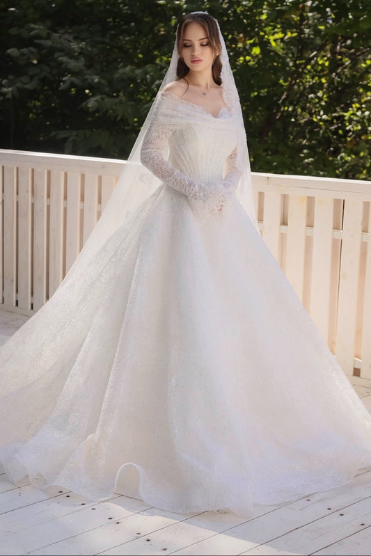 Off-the-Shoulder Long Sleeve Lace Ball Gown