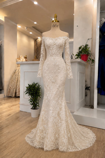 Off-the-Shoulder Long Sleeve Lace Mermaid Wedding Dress