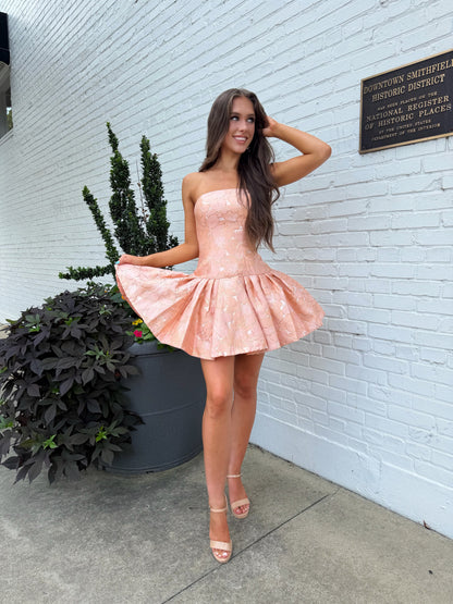 Strapless Jacquard Drop Waist Mini Dress