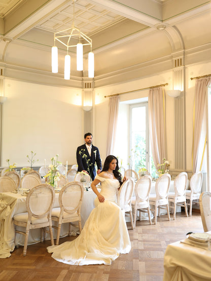 Ruched Drop-Waist Wedding Dress with Train