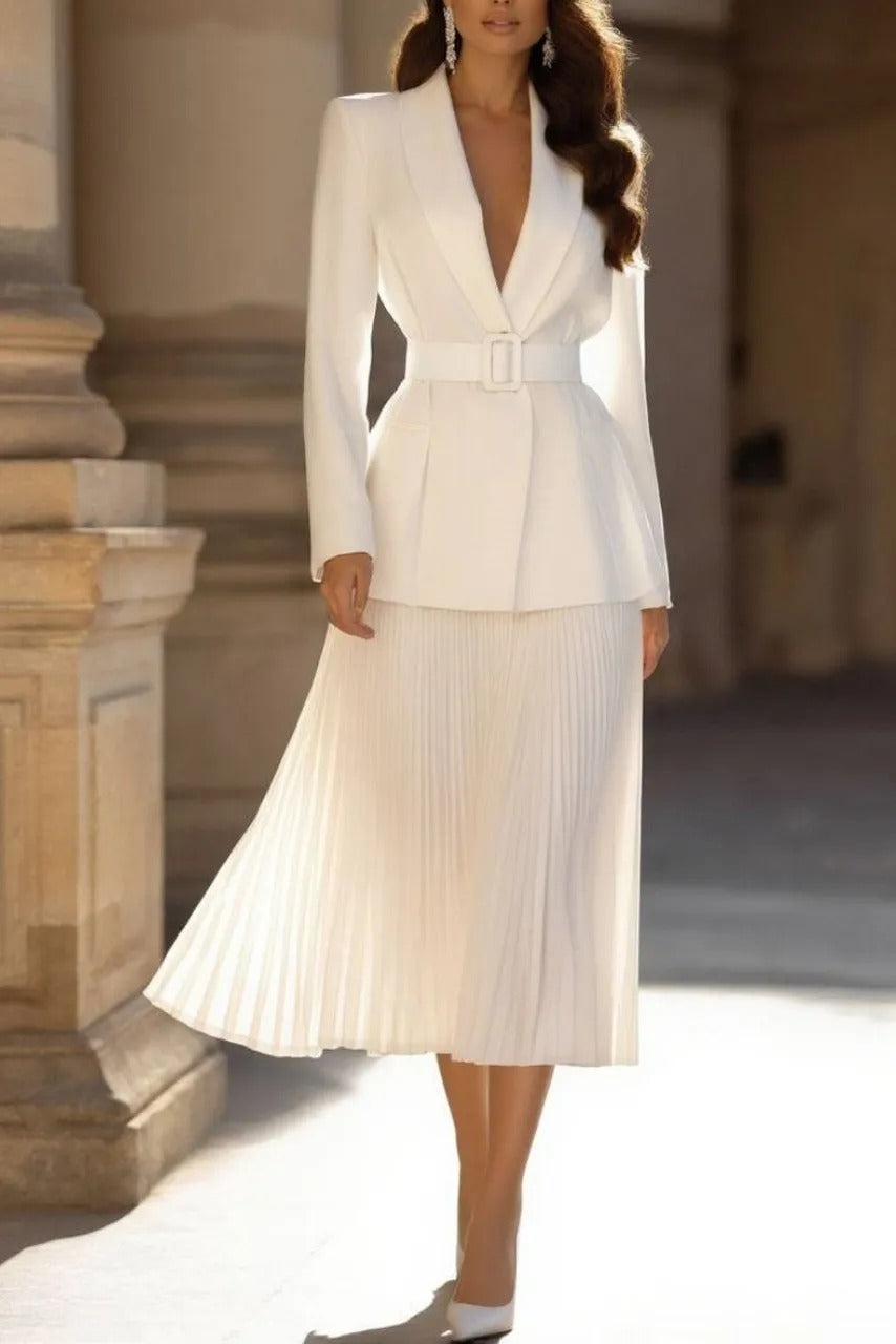 Belted Blazer and Pleated Midi Skirt Two-Piece Set