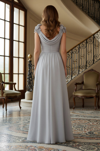 Cowl Neck Chiffon Gown with 3D Floral Shoulders