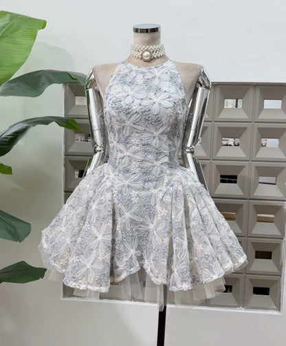 Floral Lace Halter Mini Dress with Tulle Hem
