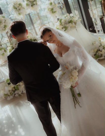 Long-Sleeve Lace Wedding Ball Gown with Square Neckline
