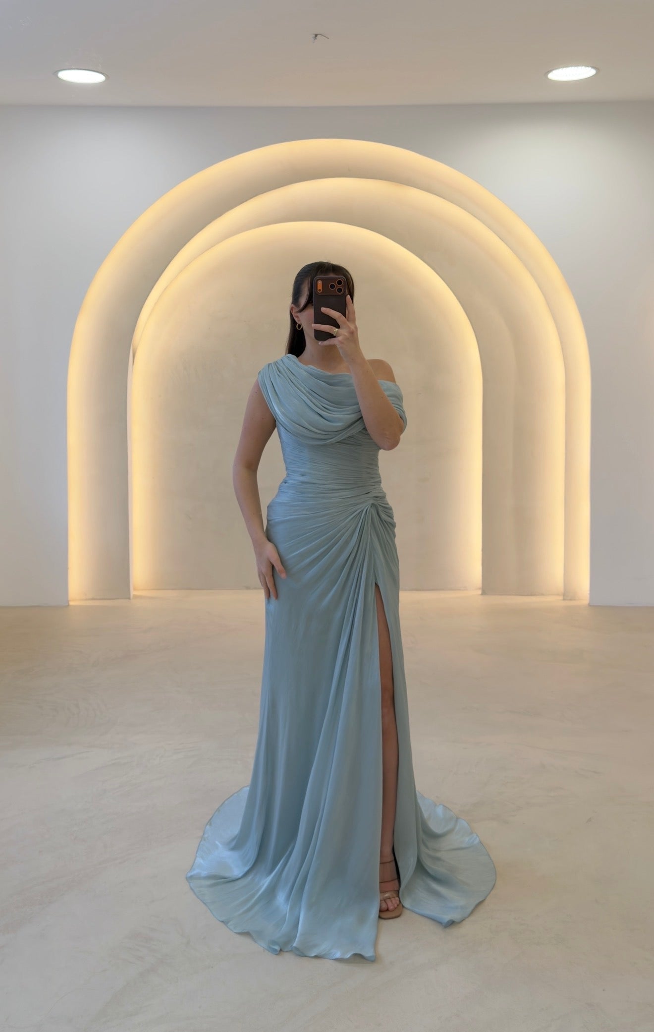 Draped One-Shoulder Column Evening Dress