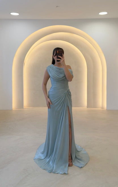 Draped One-Shoulder Column Evening Dress