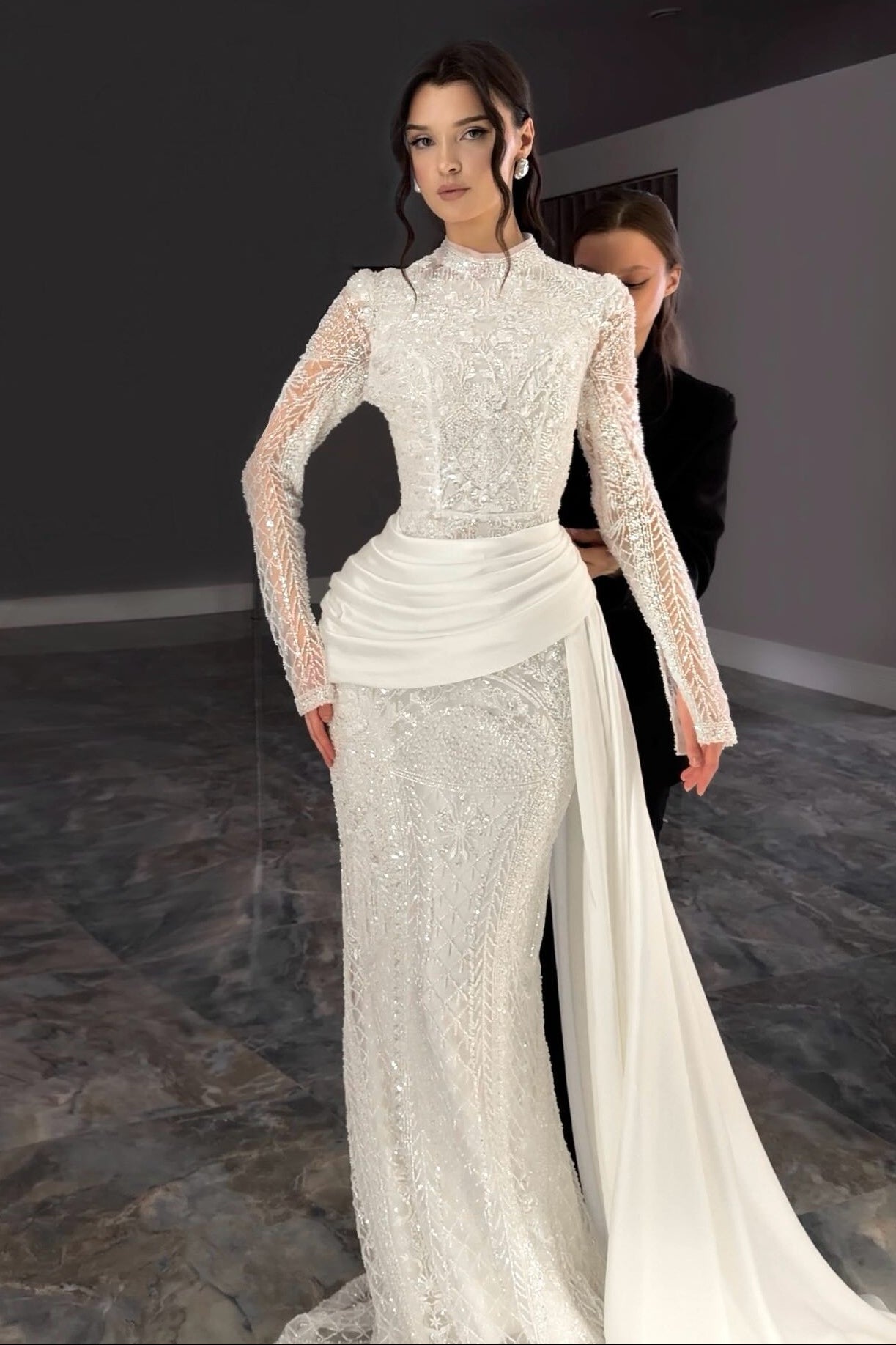 High Neck Long Sleeve Lace Mermaid Wedding Dress