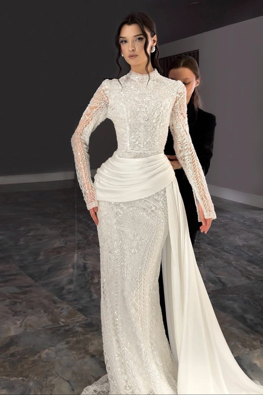 High Neck Long Sleeve Lace Mermaid Wedding Dress