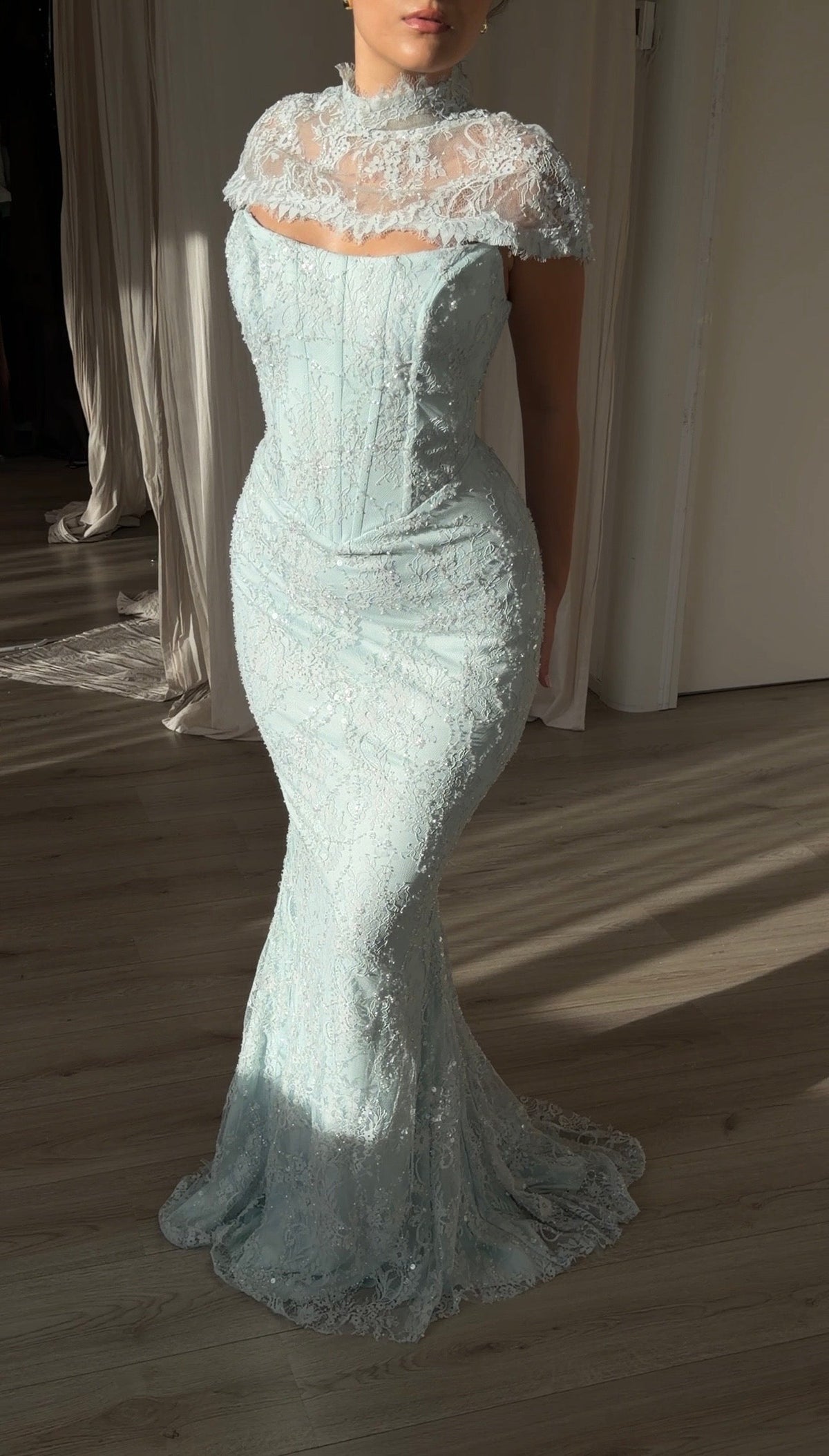 Lace Sequin Mermaid Gown with Corset & Mock Cape