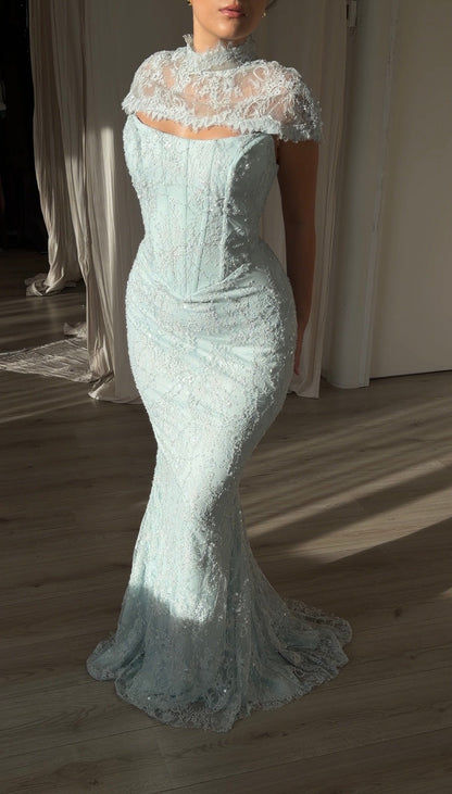 Lace Sequin Mermaid Gown with Corset & Mock Cape