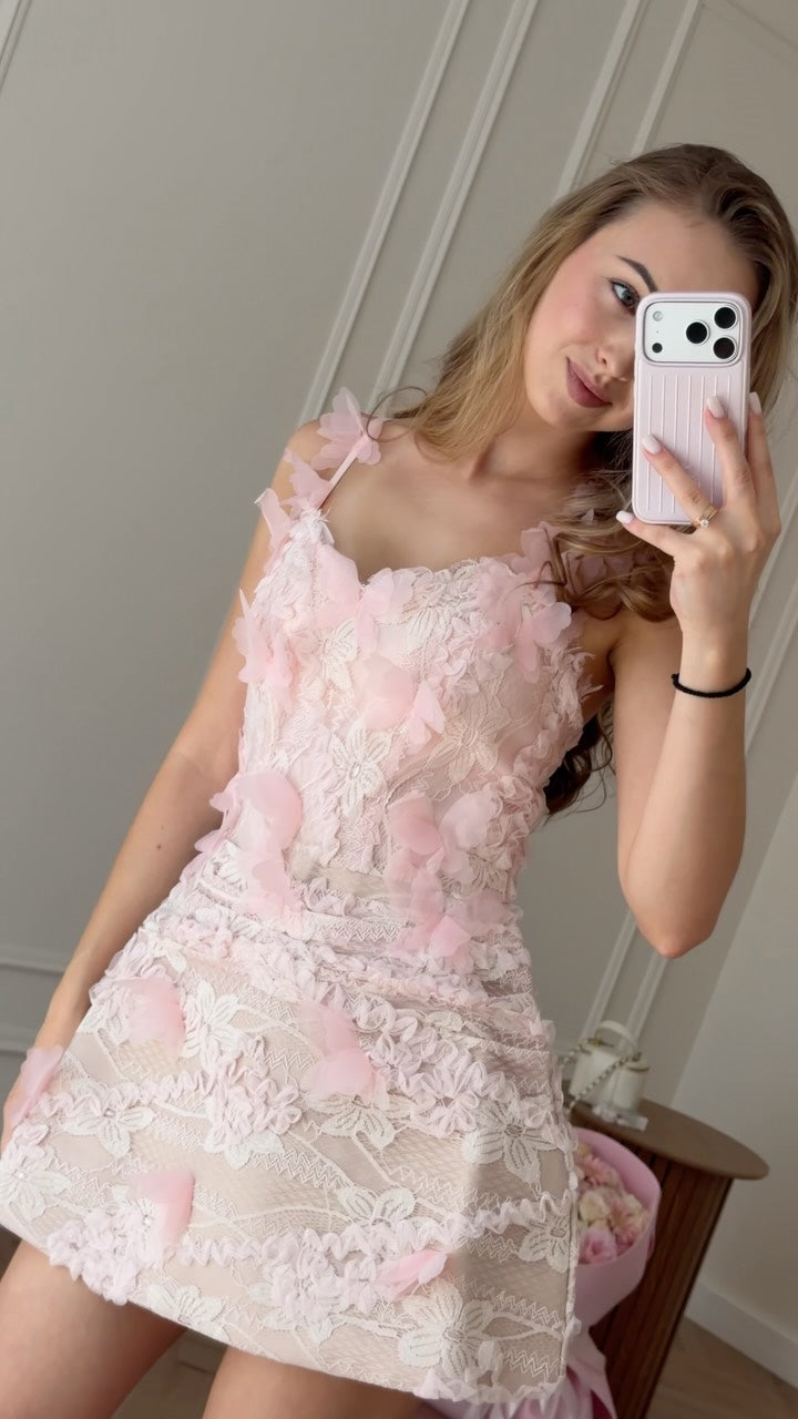 3D Floral Lace Mini Dress with Sweetheart Neckline