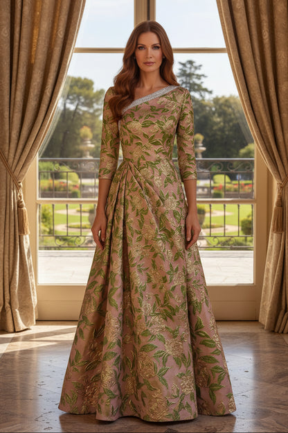 Floral Jacquard A-Line Gown with Beaded Asymmetric Neckline