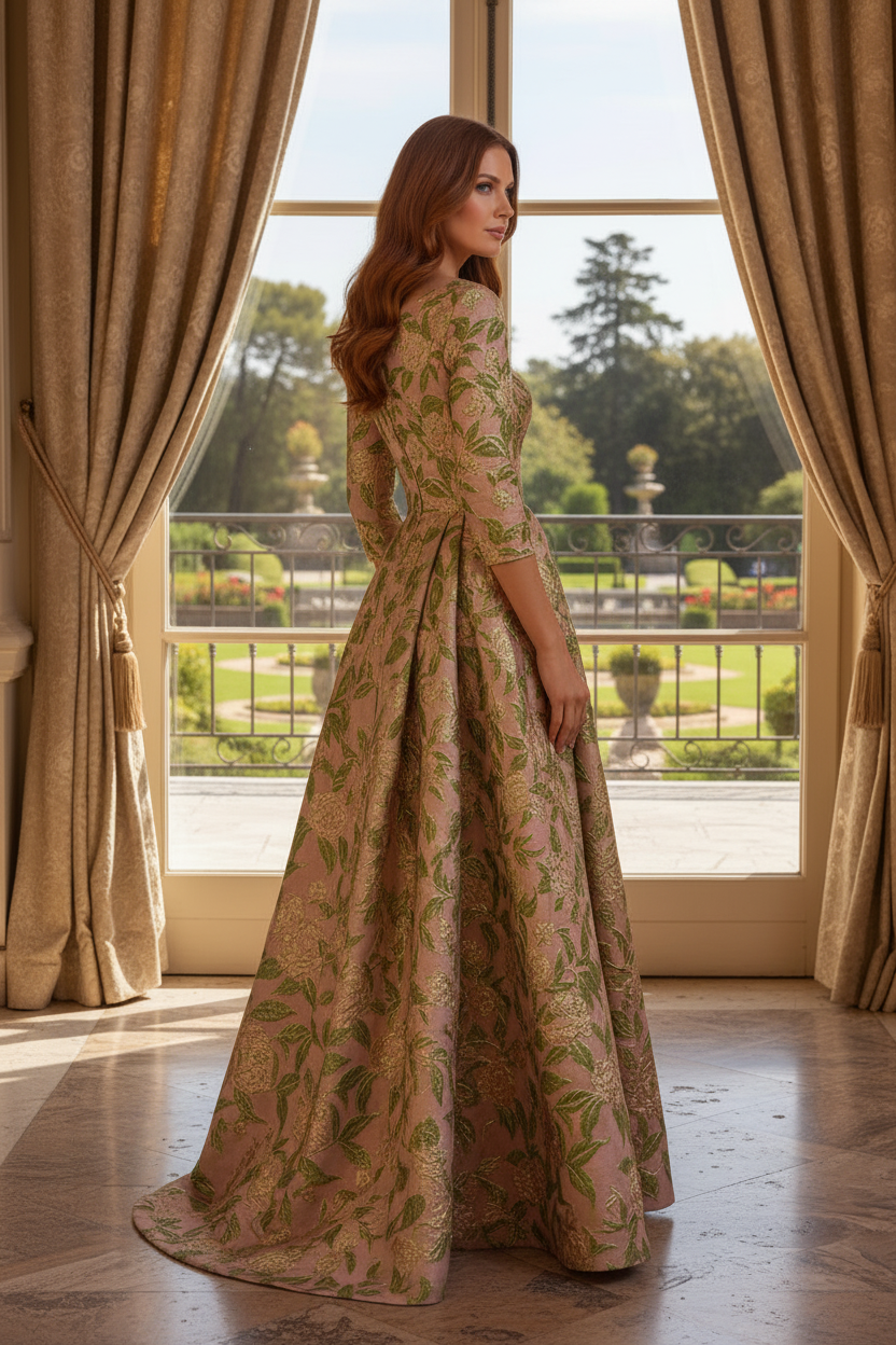 Floral Jacquard A-Line Gown with Beaded Asymmetric Neckline