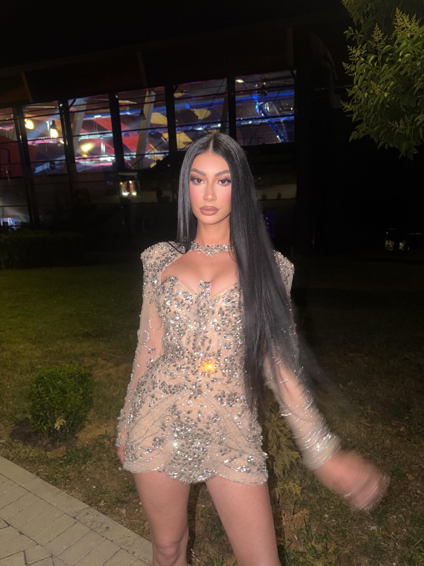 Rhinestone Embellished Cut-Out Mini Dress