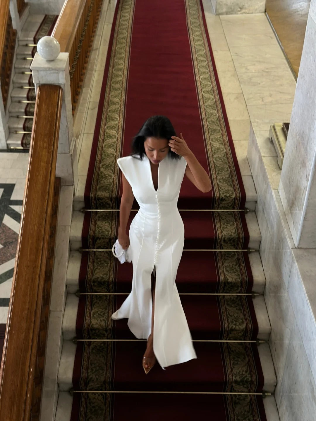 Cap Sleeve V-Neck Slit Gown with Button Placket