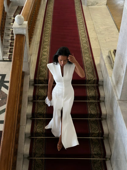 Cap Sleeve V-Neck Slit Gown with Button Placket