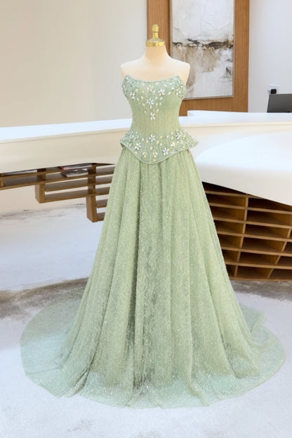 Strapless Floral Beaded Basque Waist Evening Gown