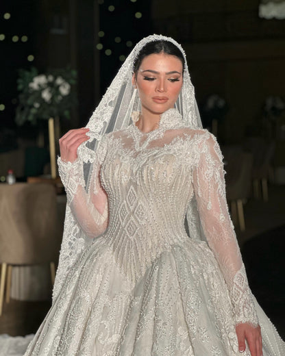 Long Sleeve Illusion Ball Gown Wedding Dress