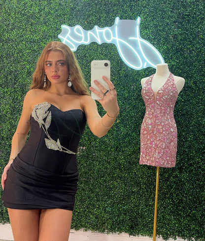 Strapless Rhinestone Rose Bodycon Mini Dress