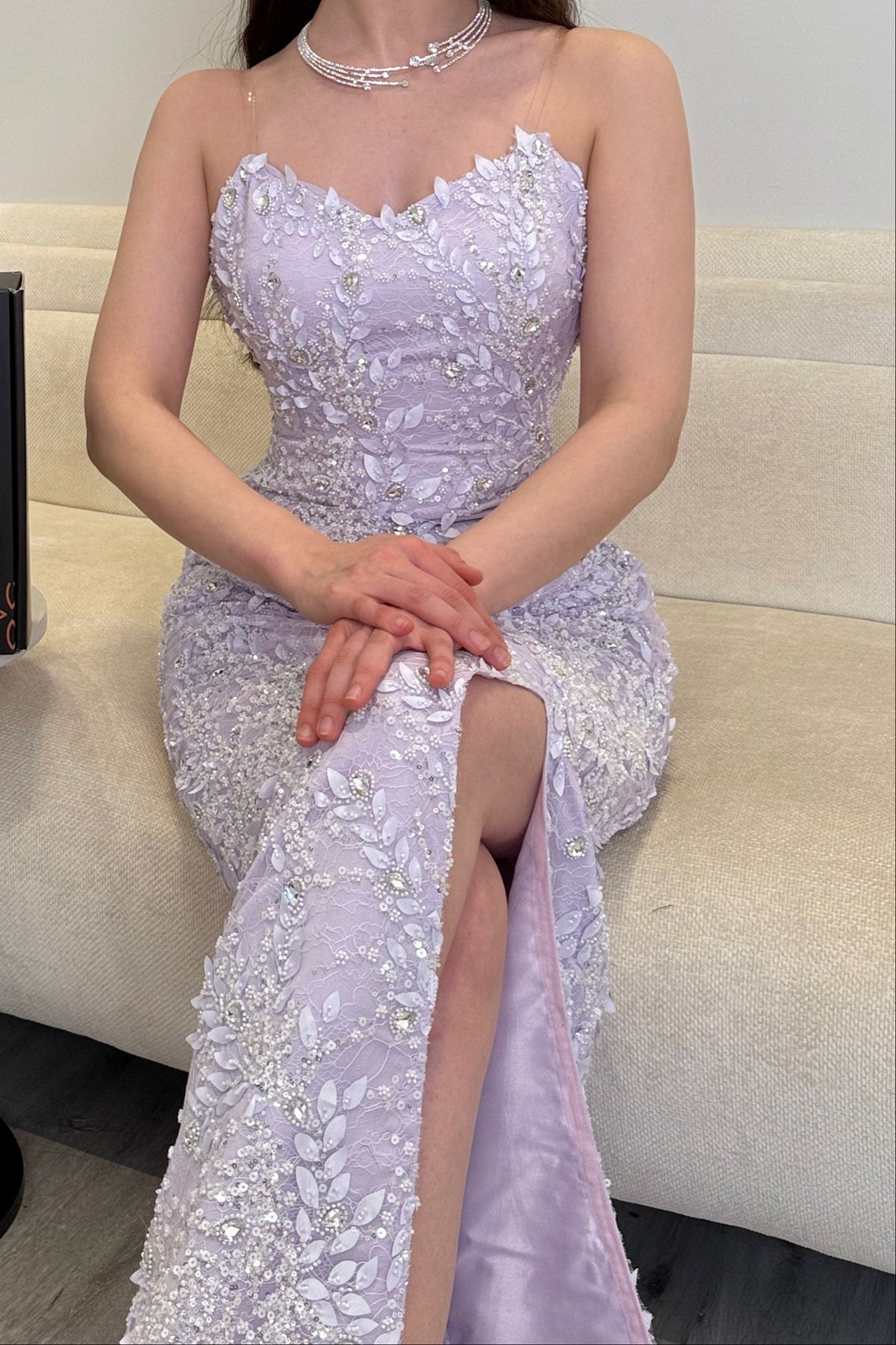 Embellished Lace Column Gown with High Slit