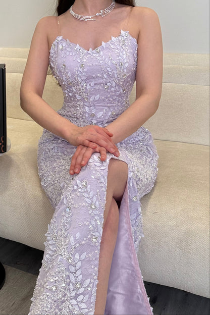 Embellished Lace Column Gown with High Slit