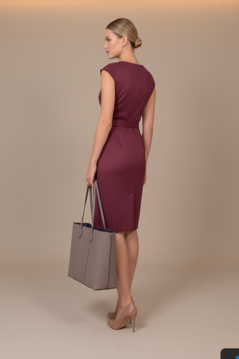 Belted Cap Sleeve Knee-Length Sheath Dress