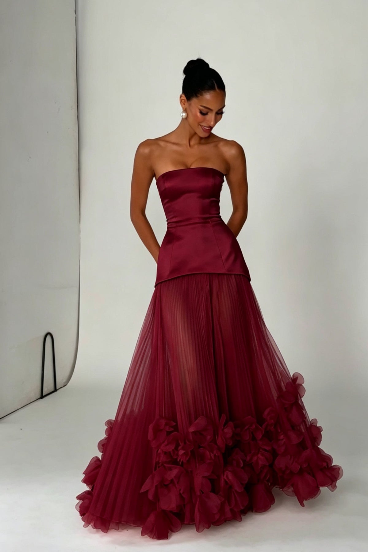 Strapless Pleated Evening Gown with 3D Floral Hem