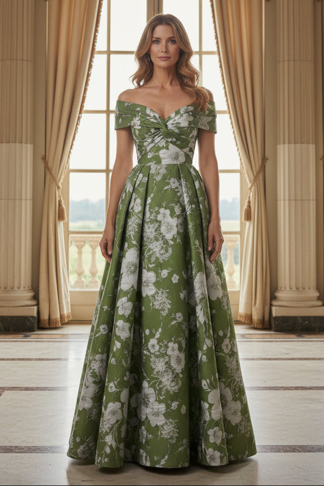 Off-the-Shoulder Floral Jacquard A-Line Evening Gown