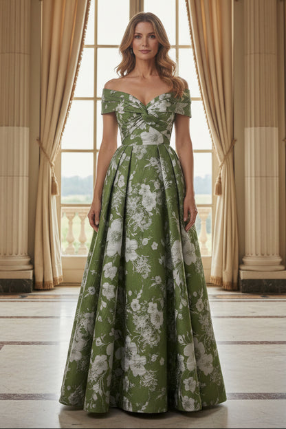 Off-the-Shoulder Floral Jacquard A-Line Evening Gown