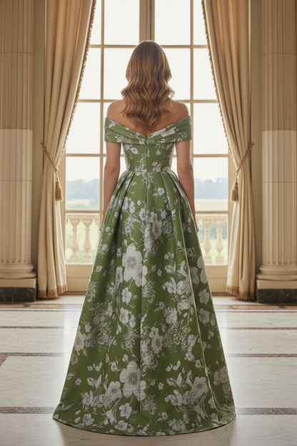 Off-the-Shoulder Floral Jacquard A-Line Evening Gown