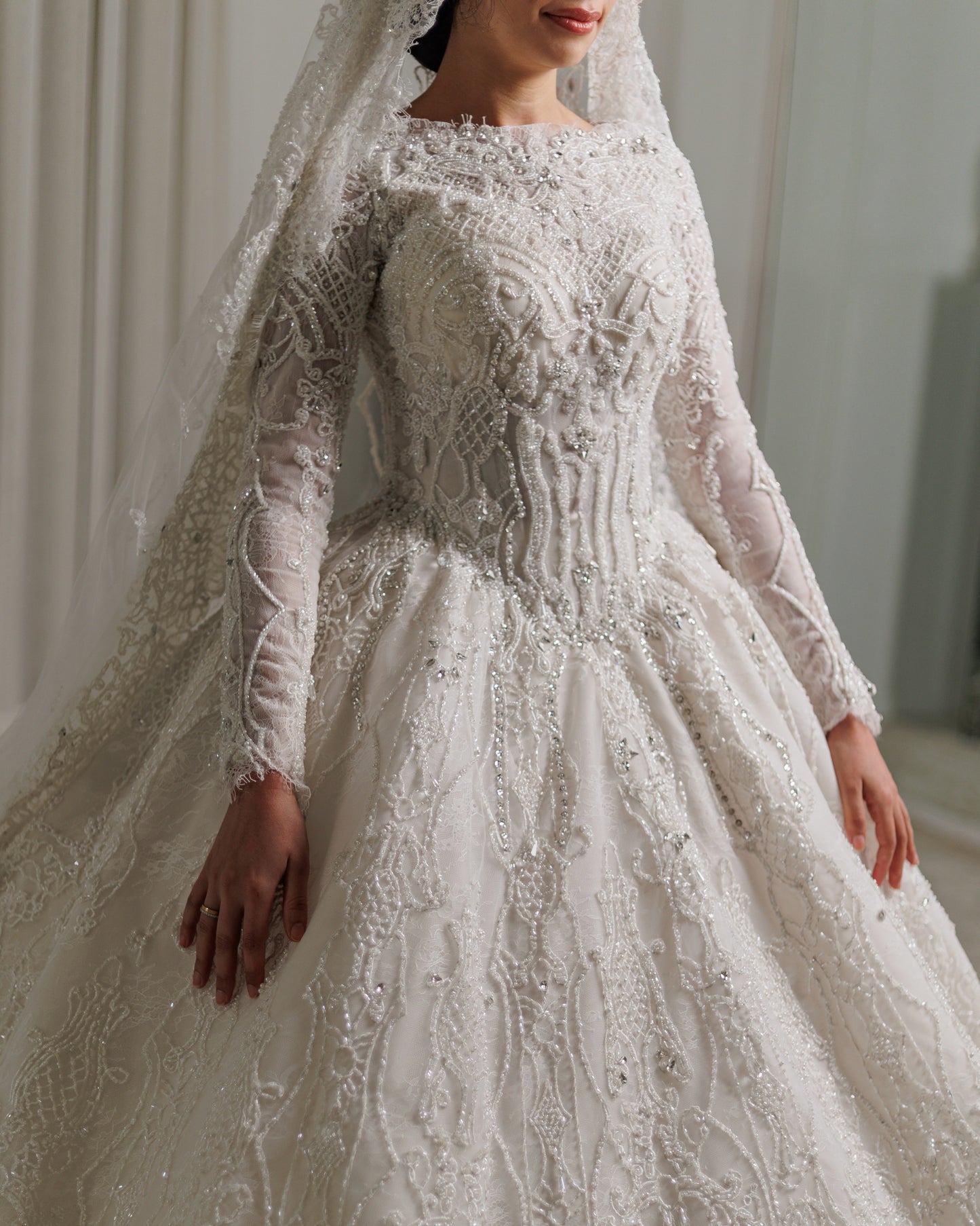 Cathedral Train Long Sleeve Lace Ball Gown Wedding Dress