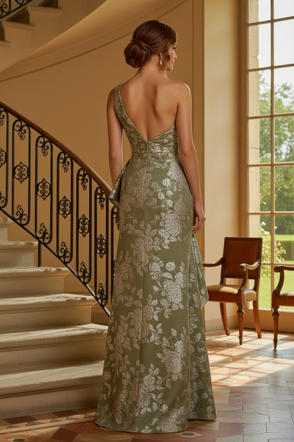 One-Shoulder Floral Jacquard Evening Gown