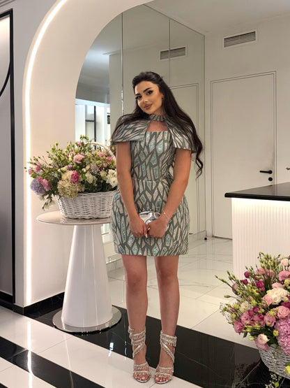 Geometric Jacquard Mini Dress with Cape Sleeves