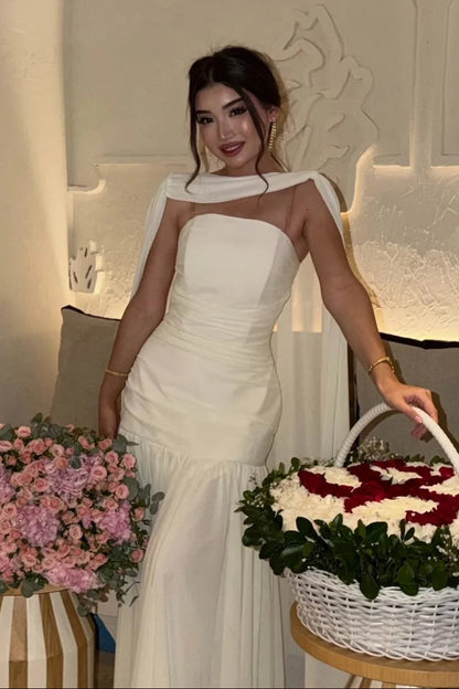 Ruched Strapless Mermaid Gown with Flowing Cape