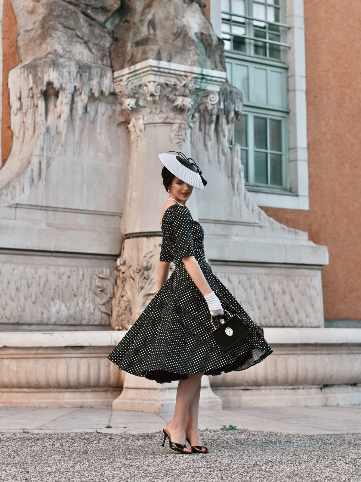 Polka Dot Midi Dress with Elbow Sleeves & V-Back