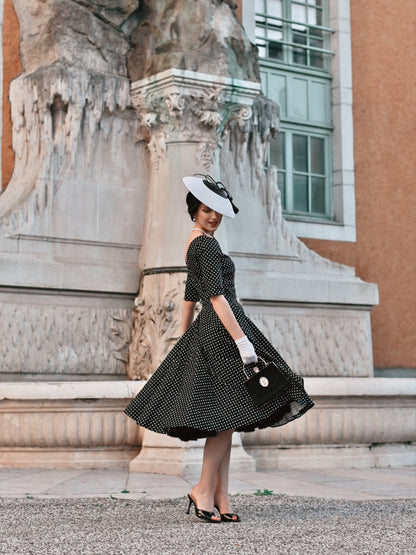 Polka Dot Midi Dress with Elbow Sleeves & V-Back