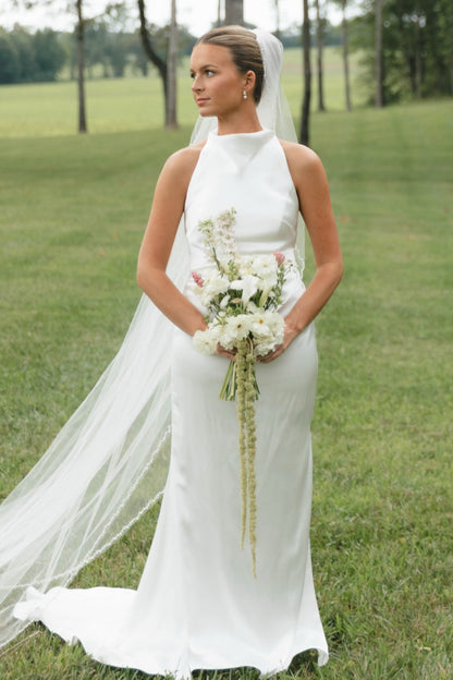 Sleeveless High-Neck Sheath Wedding Gown with Sweep Train
