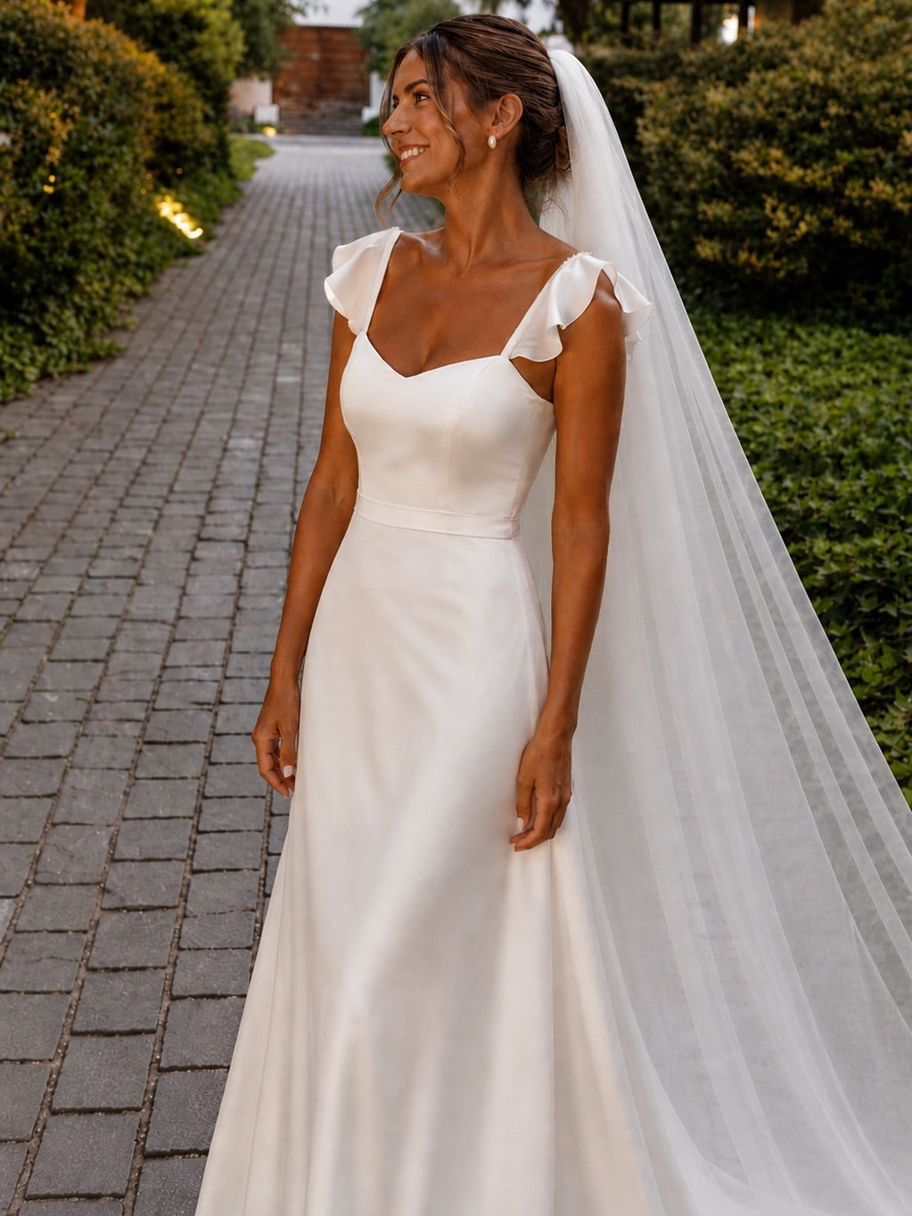 Flutter Sleeve Satin A-Line Wedding Dress