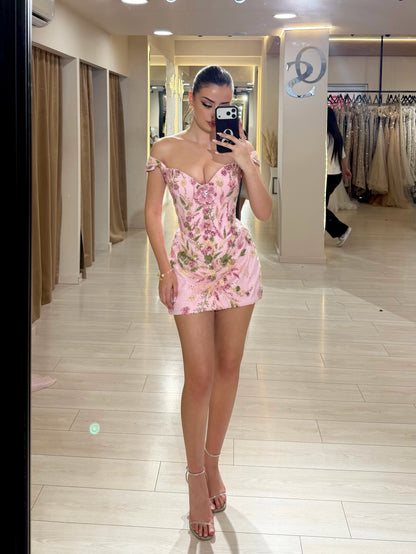 Off-the-Shoulder Floral Embroidered Corset Mini Dress