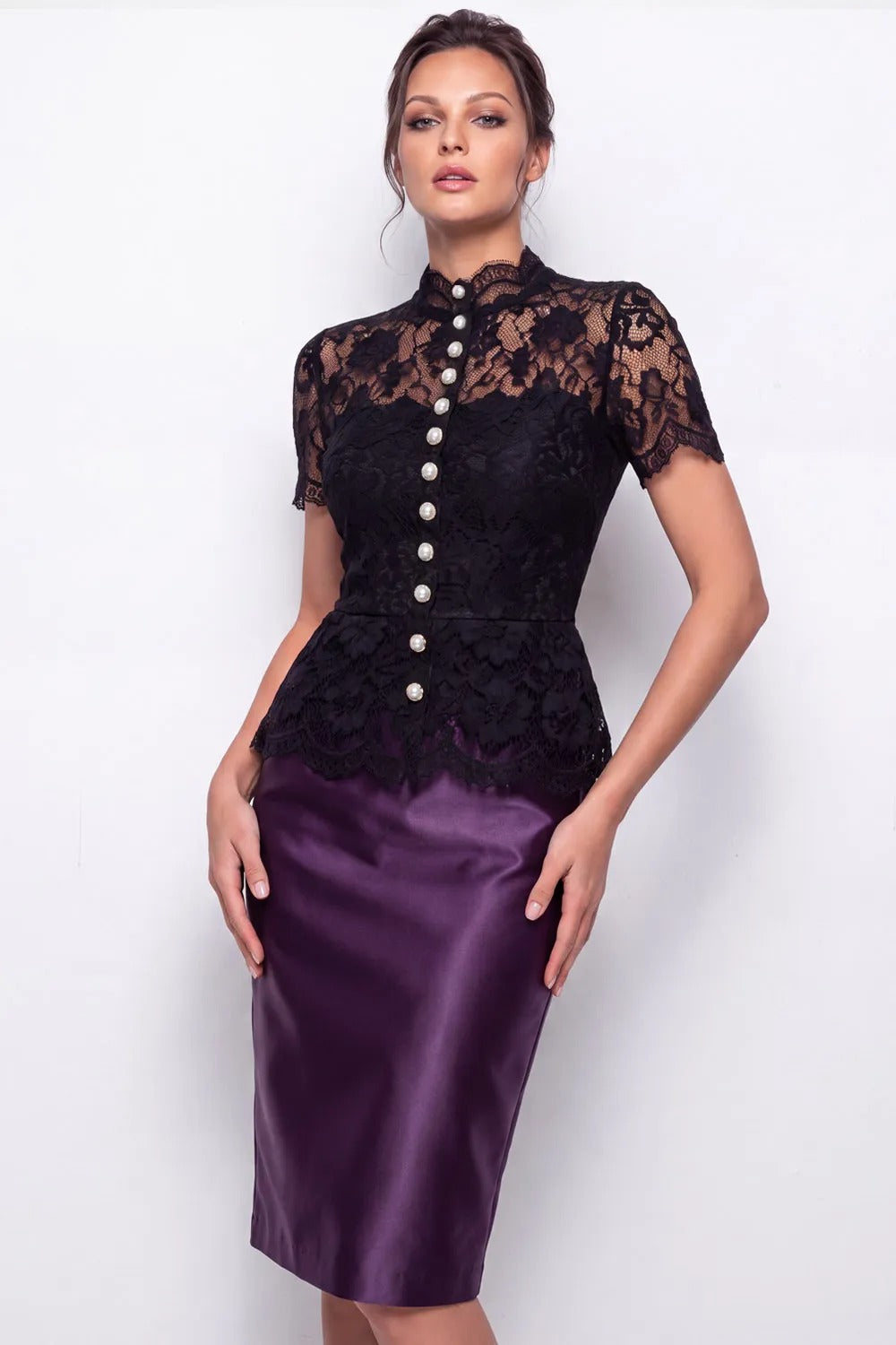 Lace Peplum Sheath Dress with Pearl Buttons