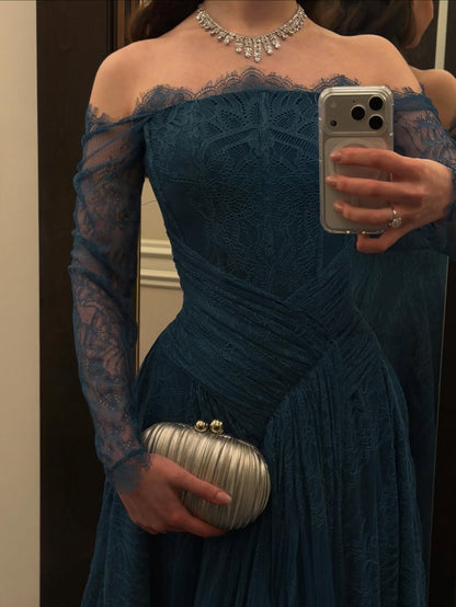 Off-Shoulder Lace Long Sleeve Evening Gown