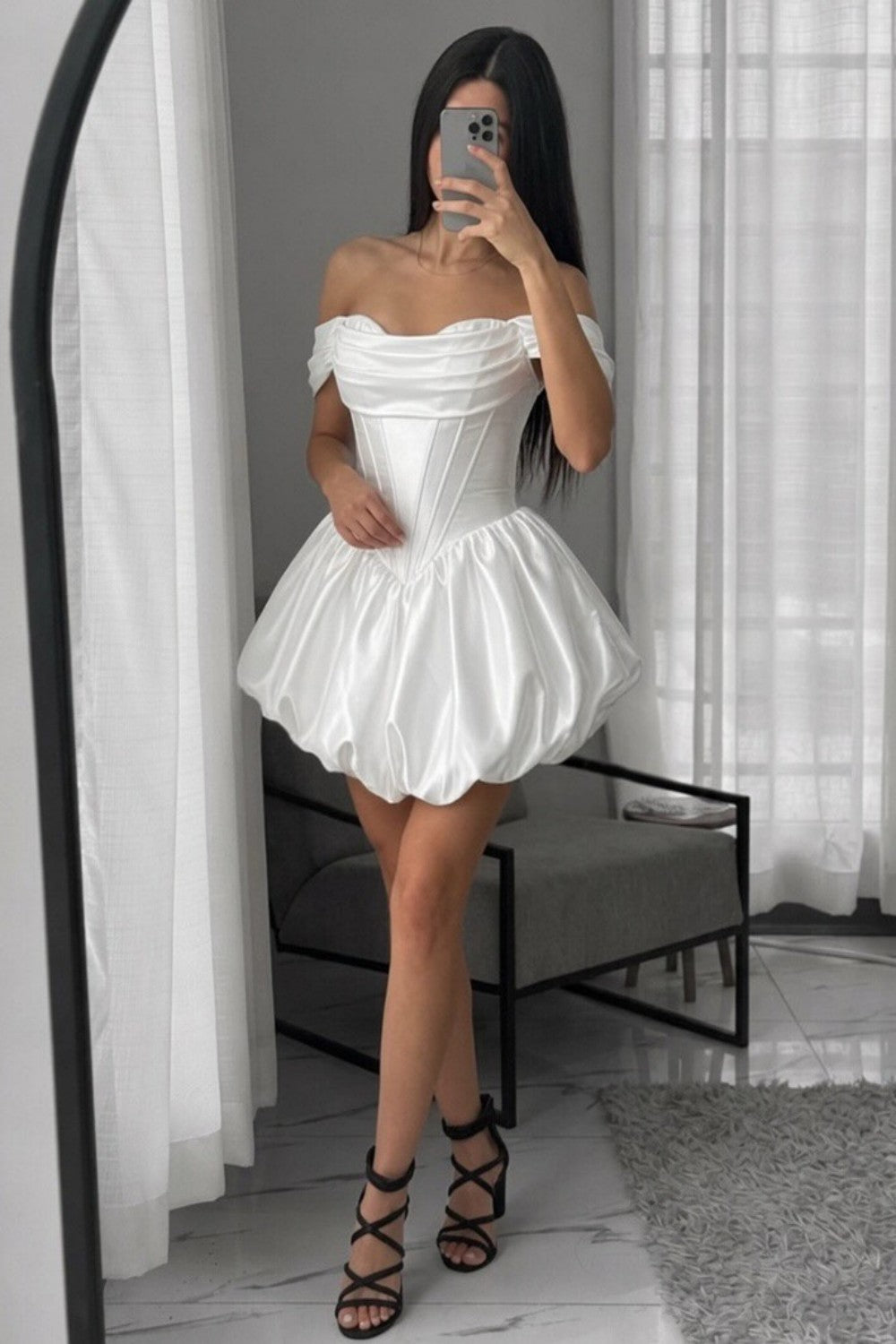 Off-Shoulder Corset Bubble Hem Satin Mini Dress
