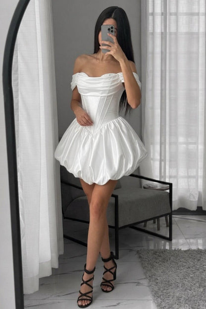 Off-Shoulder Corset Bubble Hem Satin Mini Dress