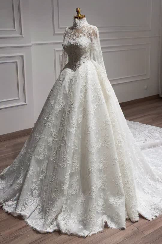 High Neck Lace Ball Gown Wedding Dress with Train