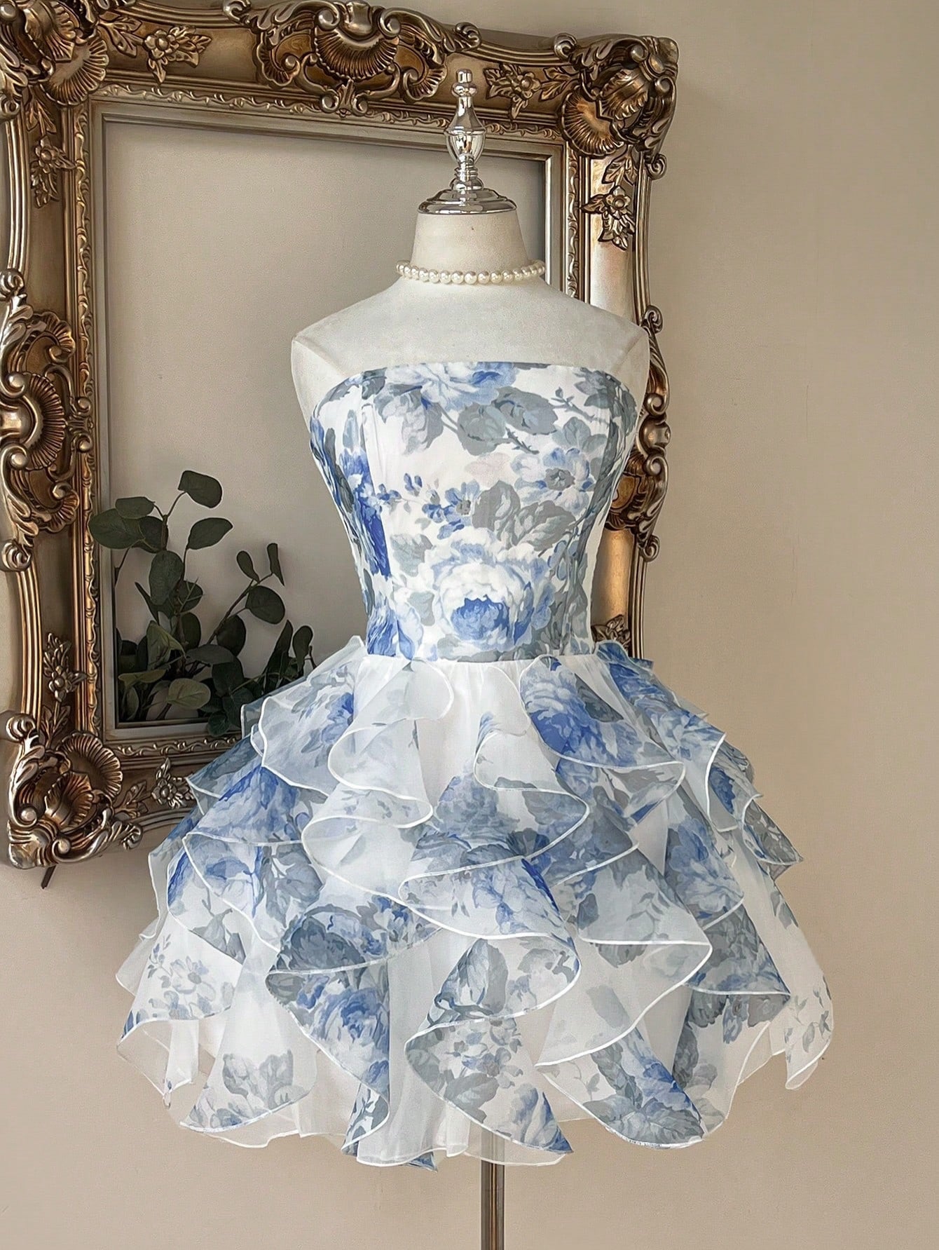 Strapless Organza Floral Ruffled A-Line Dress