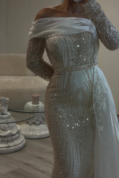 Beaded Asymmetrical Long Sleeve Evening Gown