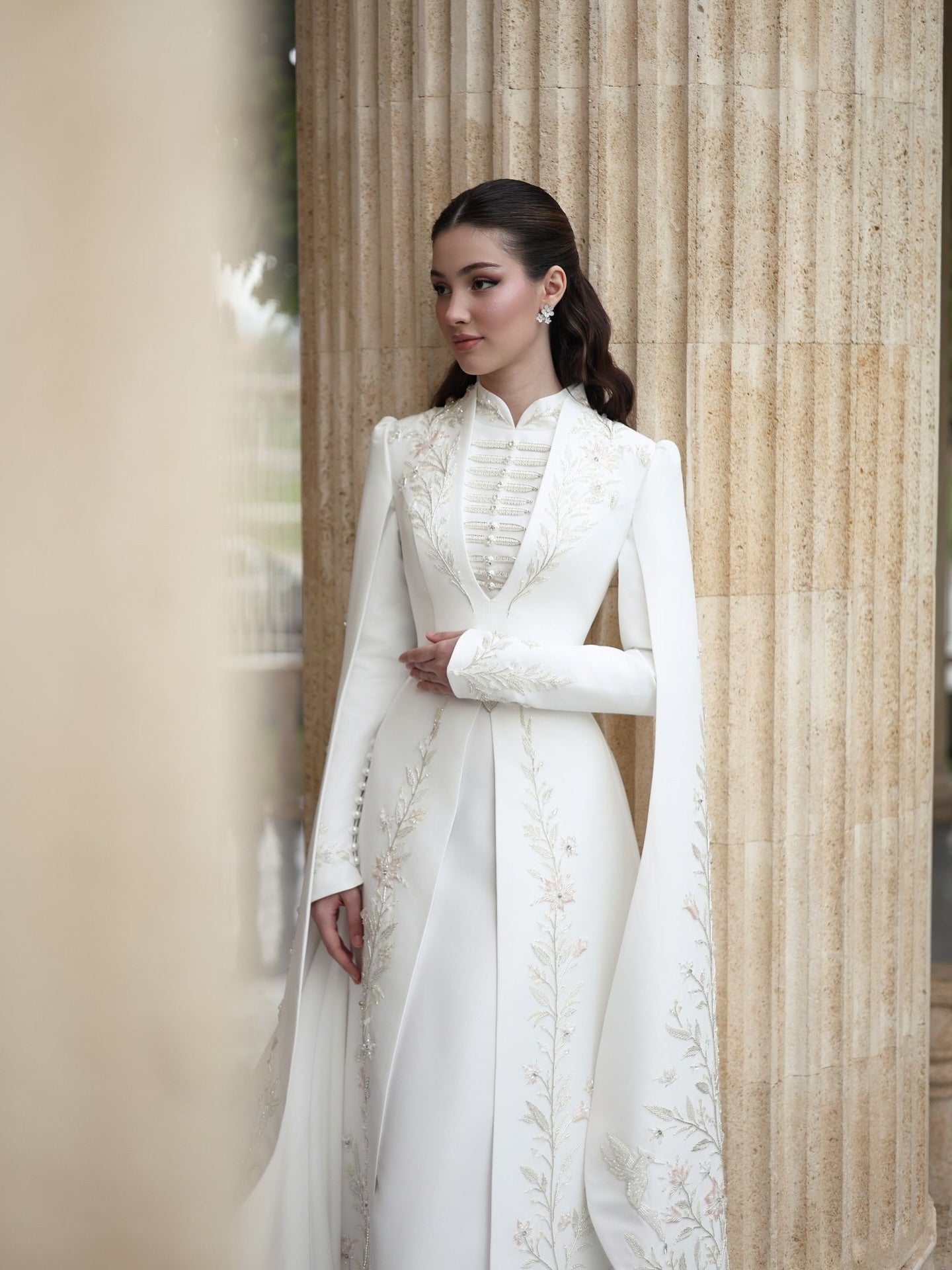 High-Neck Embroidered Bridal Gown with Cape Sleeves