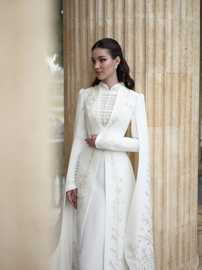 High-Neck Embroidered Bridal Gown with Cape Sleeves