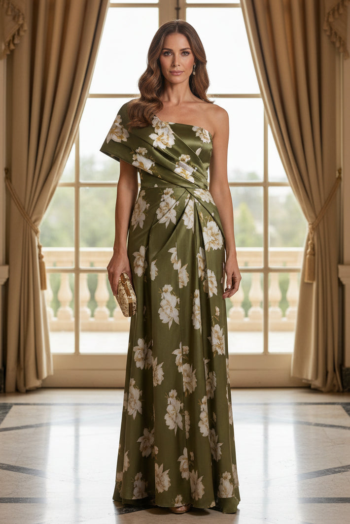 One-Shoulder Floral Satin Gown with Pleated Bodice